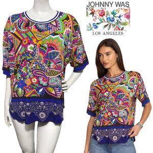 JOHNNY WAS The Janie Favorite Oversized Cropped Tee Multicolor Crew Neck Large